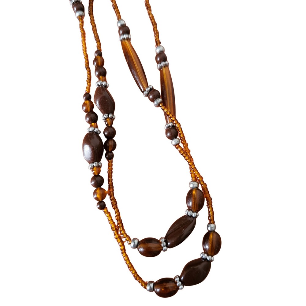 Boho Multi Strand Beaded Necklace Amber Brown Earthy Layered Statement Jewelry
